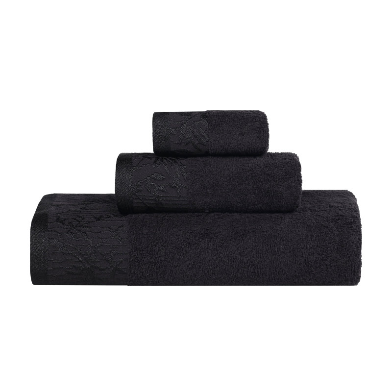 Carinna Cotton Medium Weight Floral Jacquard Border Assorted Bathroom Towel Set, Black/Black, 3 Piece Towel Set