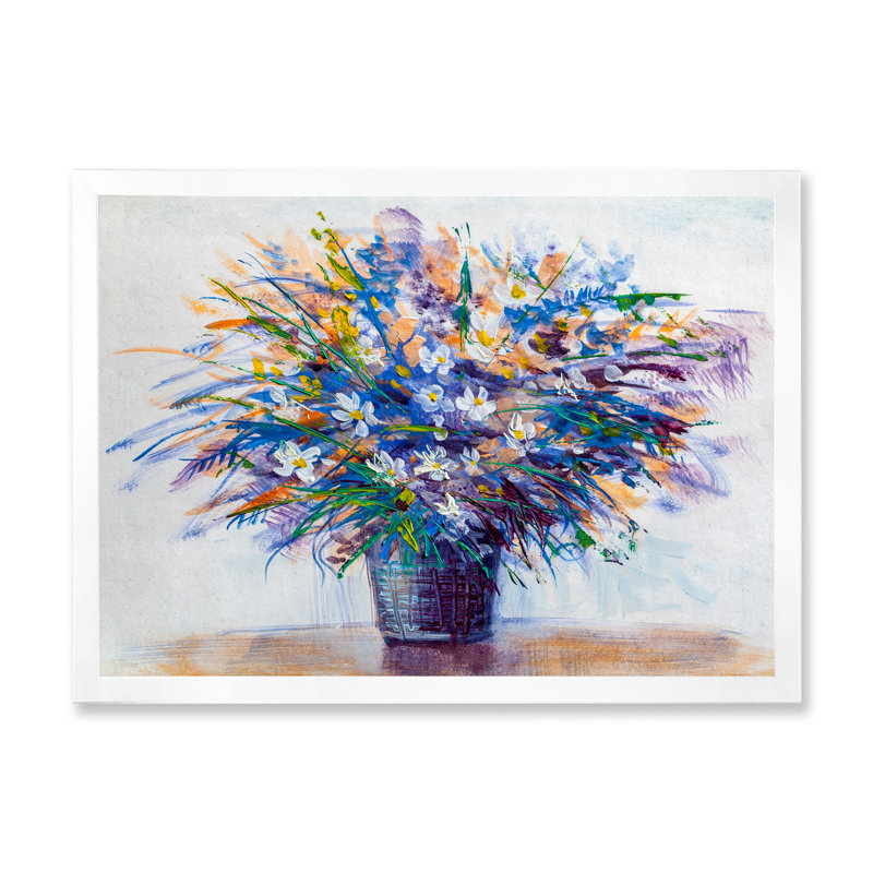 «Multi and Blue Flower Vase», reproduction sur toile flottante, H 8 po x l 12 po x P 1 po, Cadre photo blanc