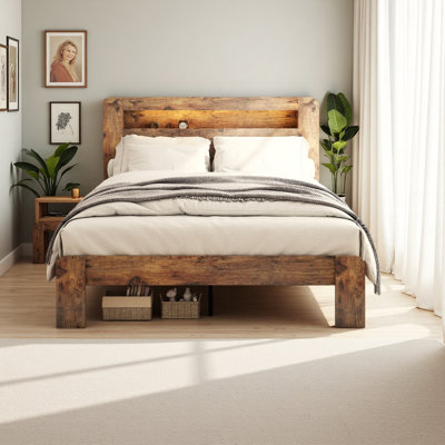 Cadre de lit grand lit, cadre de lit plateforme en bois avec tête de lit à DEL avec rangement et 2 ports USB, silencieux, aucun sommier nécessaire et outil d'assemblage facile, grand rangement sous le lit
