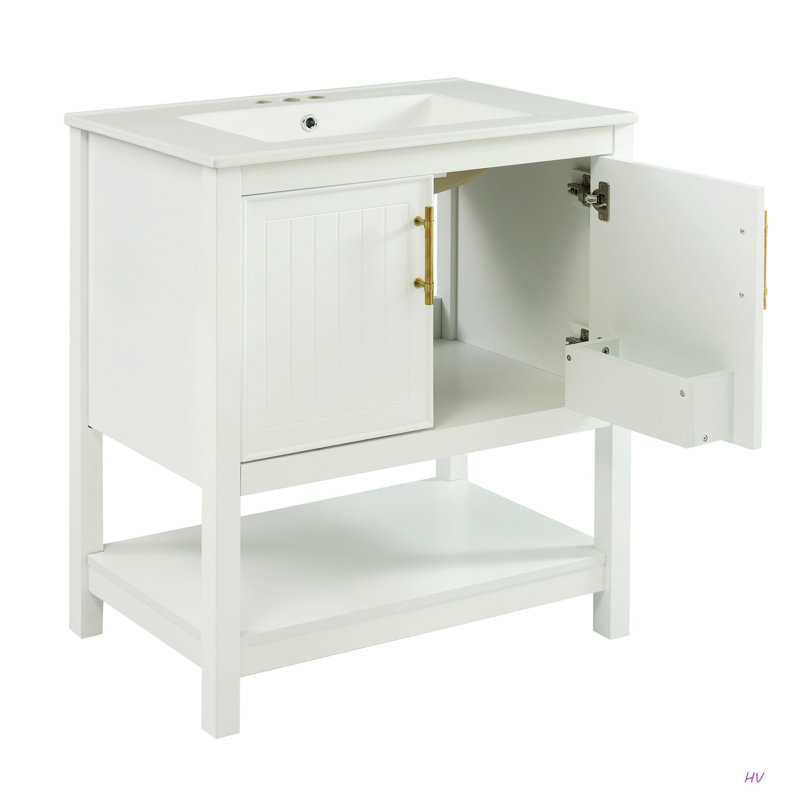 Meuble-lavabo de 30 pouces avec lavabo en céramique et rangement polyvalent - idéal pour les petites salles de bain, Blanc