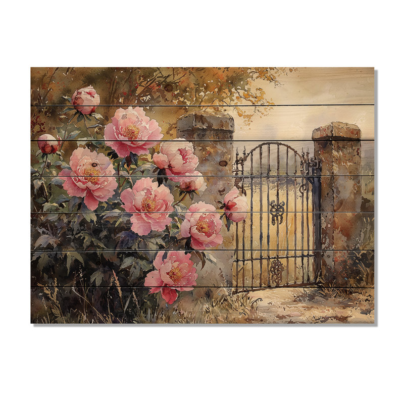 Pivoines par la porte de la ferme II - Décoration murale en bois de pivoines - sur bois de pin naturel, H 30 po x l 40 po