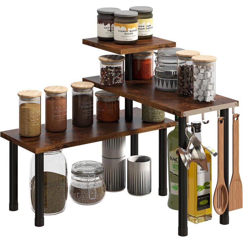 Kitchen Corner Shelf Countertop Organizer With Hooks Adjustable Spice Rack Corner Display Rack Shelf Corner Rack 3 Tier Storage Organization For Kitchen Counter Shelves(Rustic Brown)