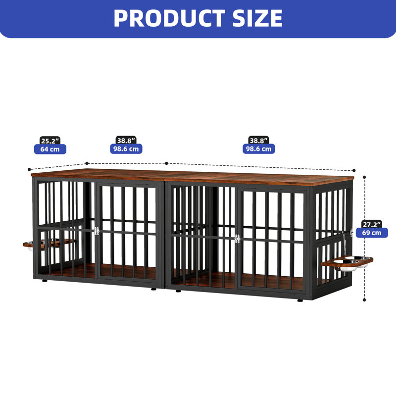 Cage pour chien polyvalente à deux chenils avec bols rotatifs, H 27,2 po x l 77,6 po x P 25,2 po, Brown
