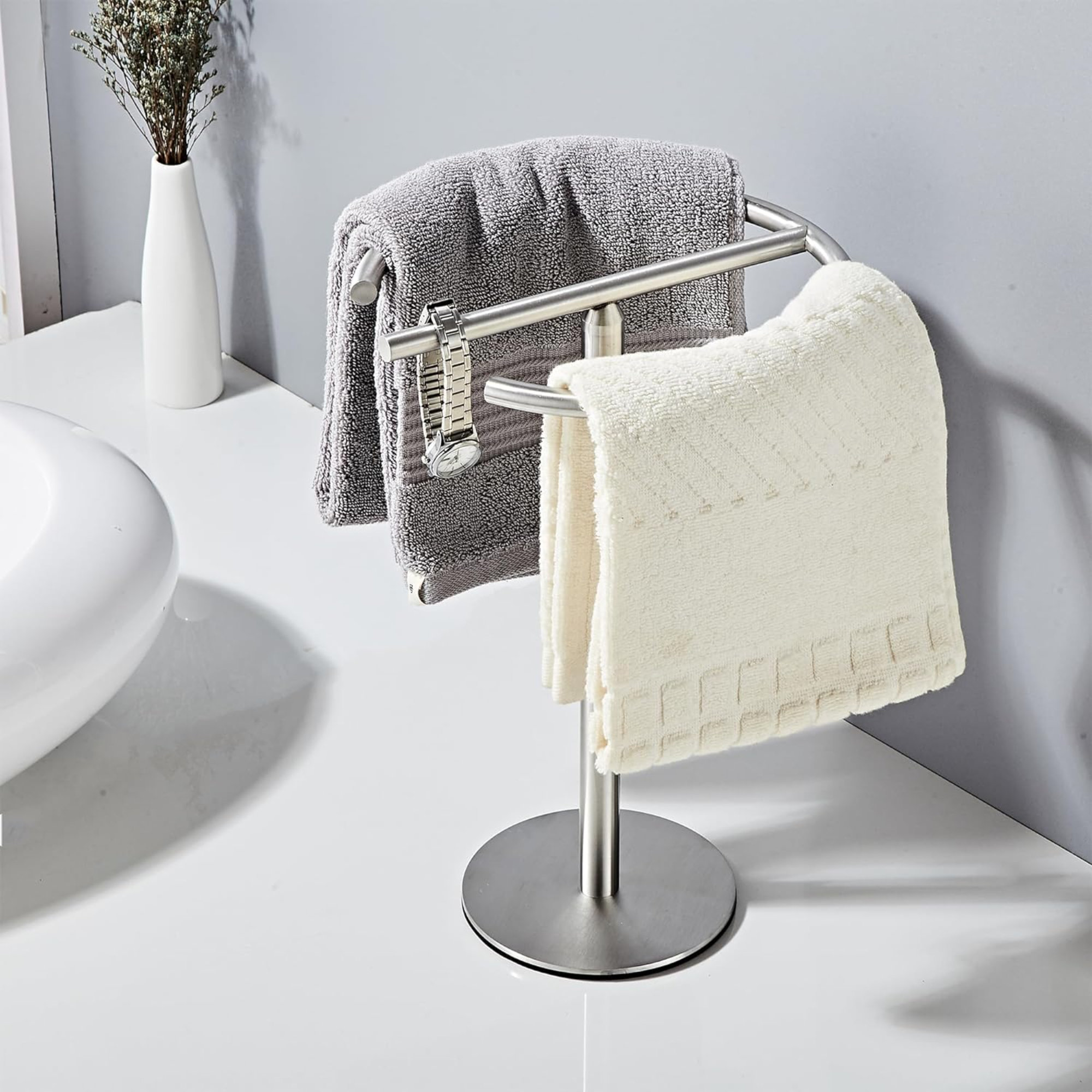 Bathroom Hand Towel Stand Brushed Nickel Square Edge Brushed