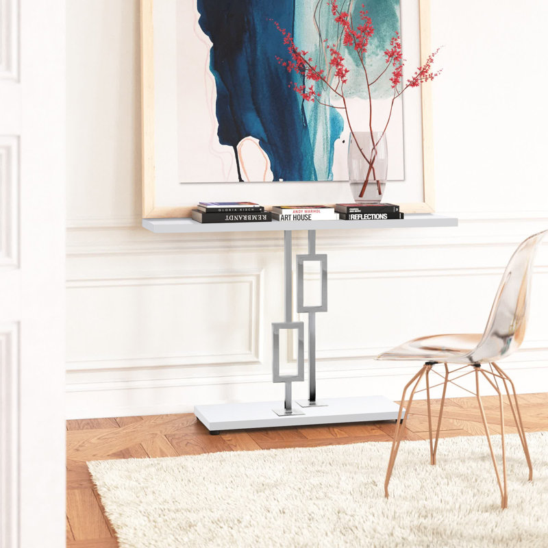 Shela Accent Table, Console, Entryway, Narrow, Sofa, Living Room, Bedroom, Metal, Silver, White