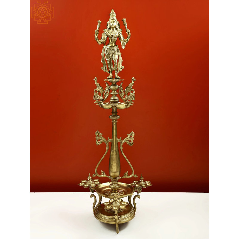 44" Large Bronze Gajalakshmi Lamp with 26 Wicks - Handmade Hoysala Art Temple Style Multi-Wick Oil Lamp for Grand Home Entrance Spiritual Decor