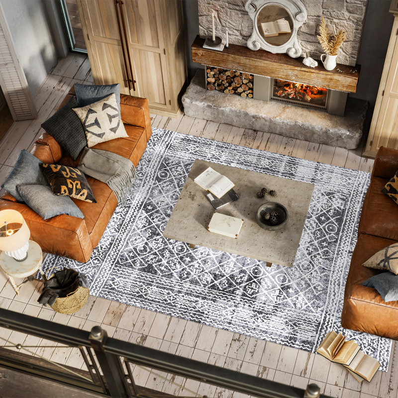 Maidste Moroccan Geometric Distressed Ivory/Black Rug, Rectangle 3' x 5'