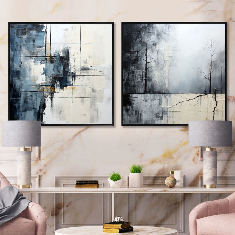 «Winter Abstract Landscape», 2 pièces, Cadre flottant noir, H 16 po x l 33 po