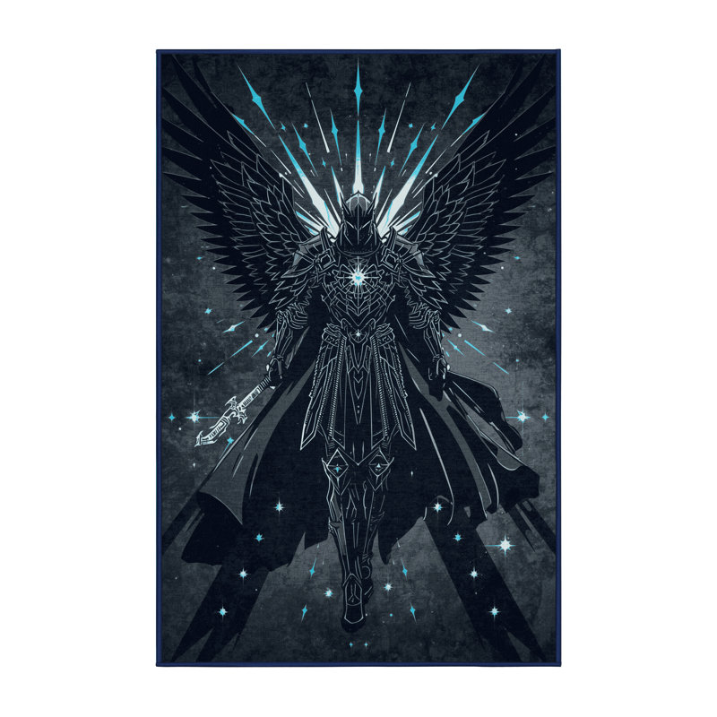 Soft Plush Dunneback Celestial Guardian Warrior Posh & Luxe Starburst Area Rug in Gray – Navy Binding, 2x4