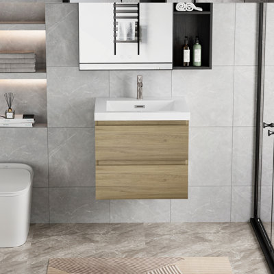Meuble-lavabo flottant avec lavabo, meuble-lavabo mural moderne avec lavabo en résine et tiroirs à fermeture en douceur