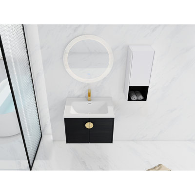 Meuble-lavabo de salle de bain avec lavabo en céramique et tiroir latéral - montage mural moderne 28 po