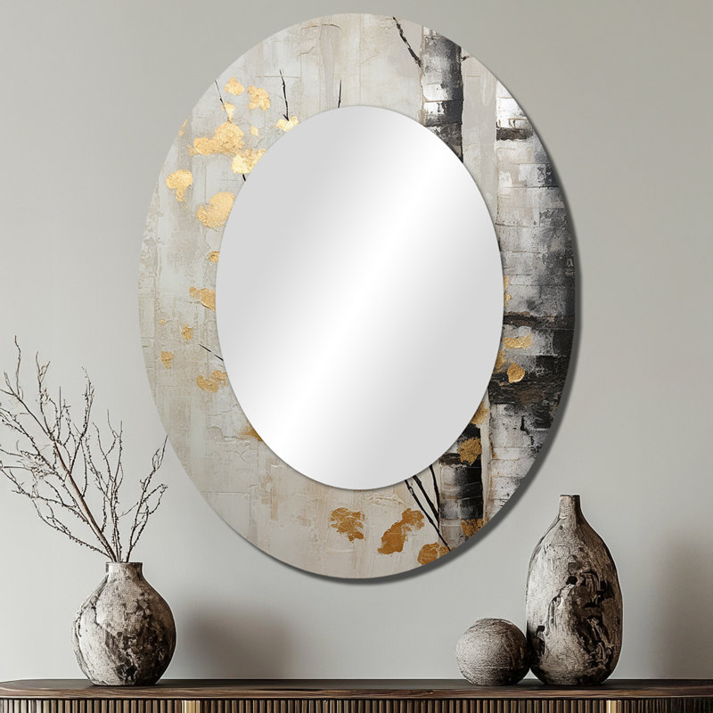 Tree Whispers of Grey and Gold - Miroir mural ovale traditionnel, 40 po x 30 po