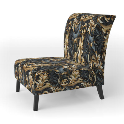 Black And Gold Damask Flower Blossoms - Upholstered Traditional Slipper Chair, Black Accent Chair