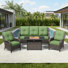 Ensemble de patio d'extérieur en osier 4 pièces avec foyer au propane, canapé 3 places en rotin et 2 fauteuils