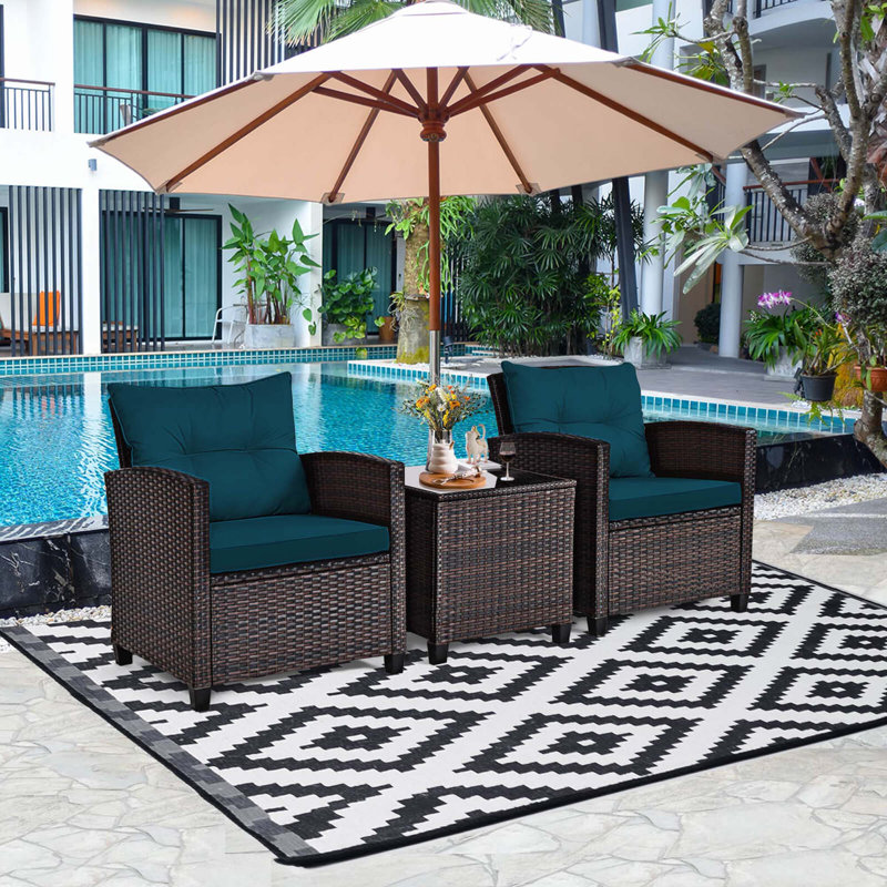 3 Pcs Patio Rattan Furniture Set Cushioned Conversation Set Sofa, Blue