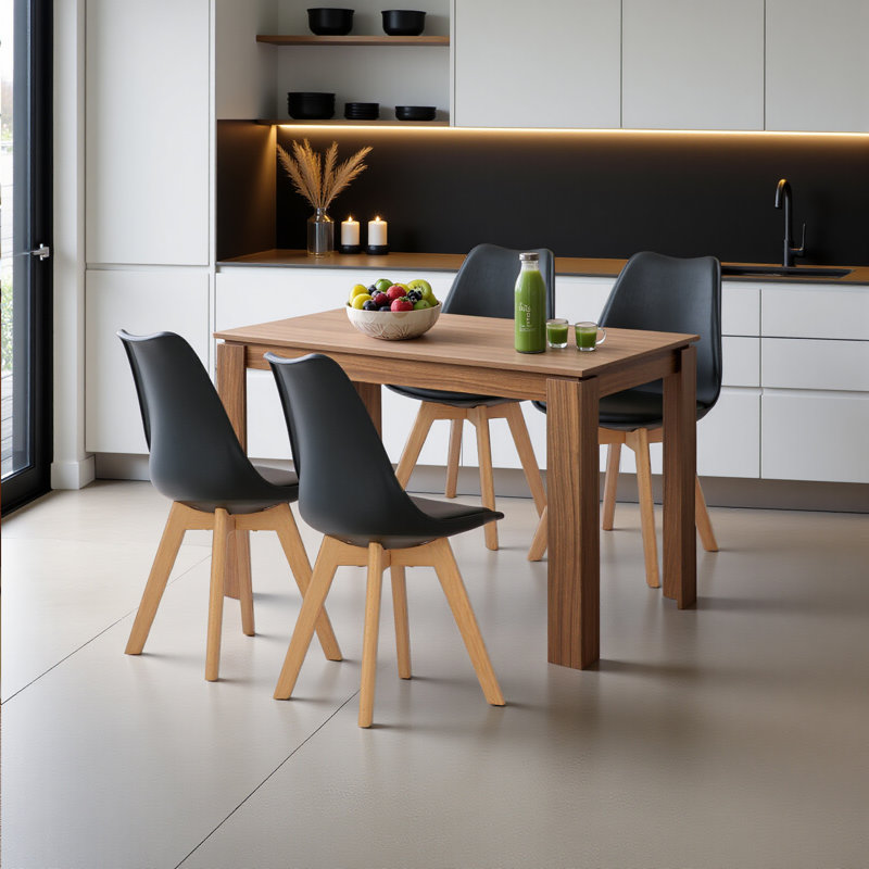 Ensemble de table de salle à manger 5 pièces, ensemble de table de salle à manger rectangulaire moderne pour 4 personnes, table à finition grain de bois brun, 4 chaises de cuisine avec pieds en bois