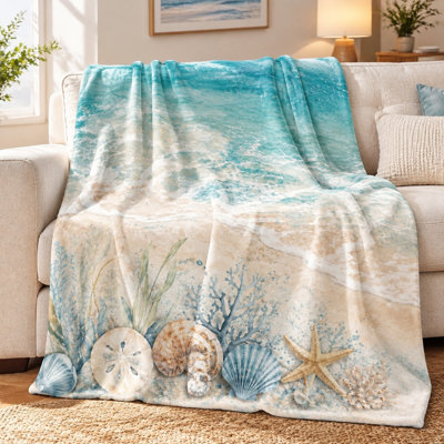 1Pcs Beach Wave Seashell Print Flannel Blanket – Single-Sided;Durable, Soft, and WarmMachine WashableIdeal for Home RelaxationAvailable in Multiple SizesEasy to Carry Travel CampingA Perfect Gift Choice. Bedding sofa item