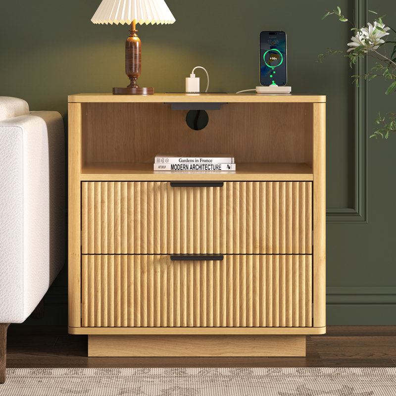 23.4'' W 2-Drawer Nightstand with Charging Station, Fluted Nightstand with Open Cubby