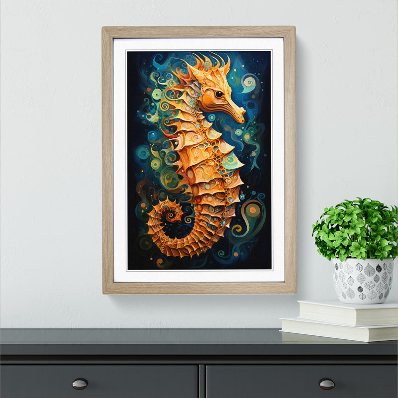 Seahorse Abstract - Single Picture Frame Print on Wood, Oak Framed, 46cm H x 34cm W x 2cm D