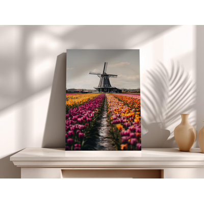 Dutch Windmill Art, Tulip Fields Canvas Print, Holland Landscape Photography, Vibrant Netherlands Scenery, Colorful Spring Floral Wall Decor