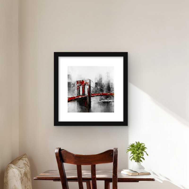 Abstrait et pont rouge de Brooklyn - impression encadrée avec passe-partout, Noir