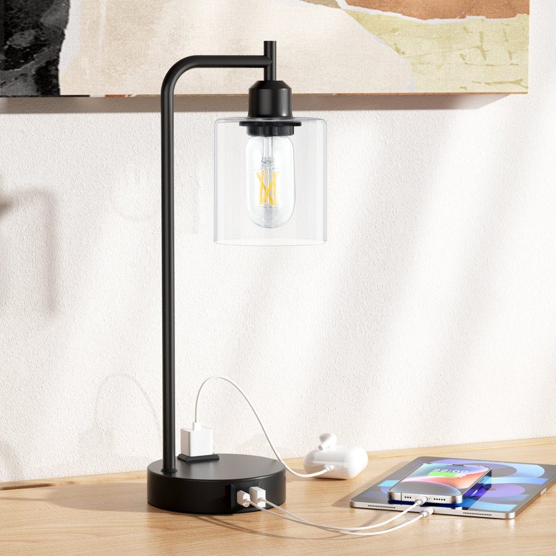 16.5'' Industrial Table Lamp with Glass Shade, 3-Way Dimming, AC Outlet, USB A&C