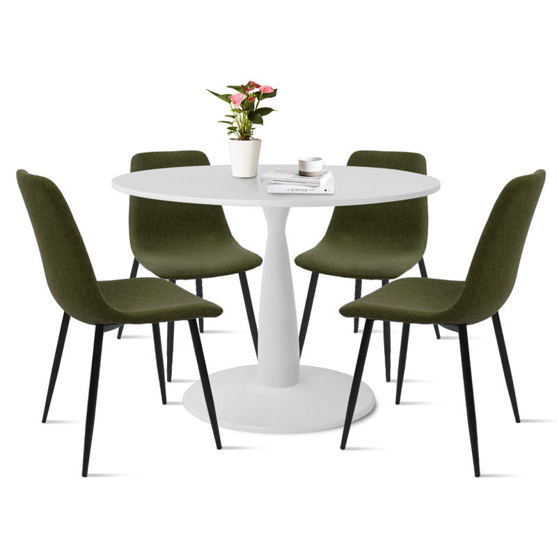 Ensemble de table de salle à manger 4 personnes Fahie avec table ronde de 35 po et 4 chaises rembourrées en tissu, Vert