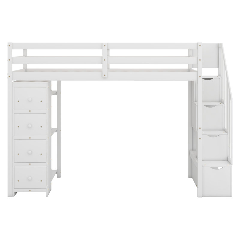 Loft Bed With Storage Drawers And Stairs, Wooden Loft Bed With Shelves