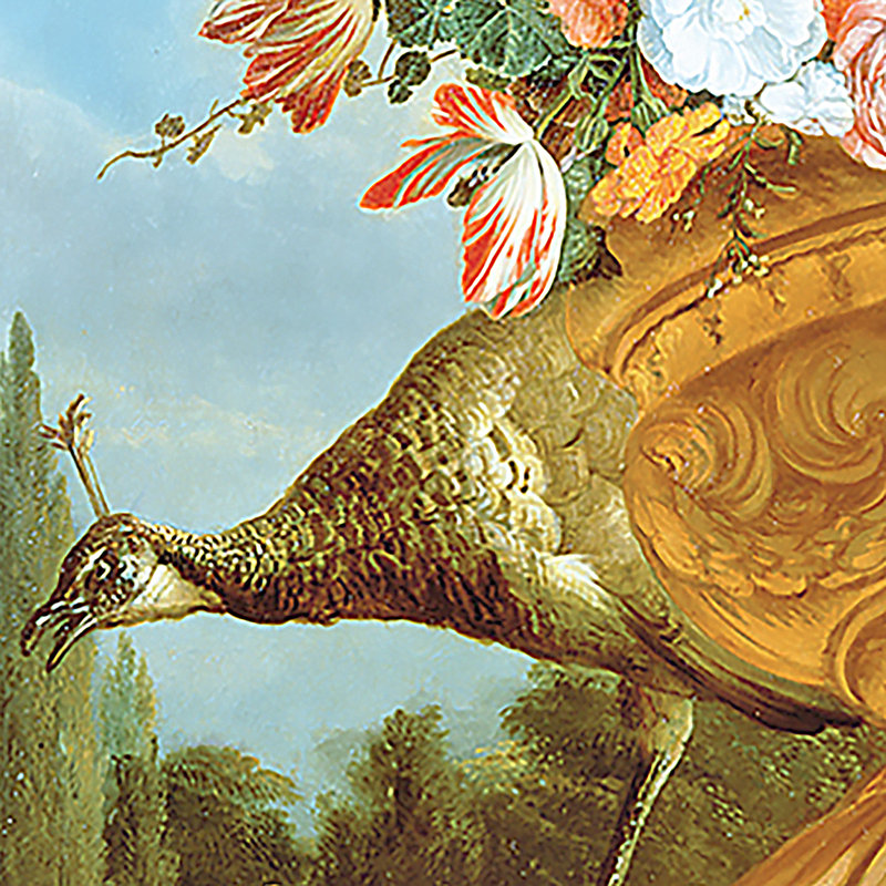 «A Peacock on a Decorative Urn» par Melchior de Hondecoeter, reproduction d'art encadrée, H 22 po x l 24,5 po x P 1,125 po