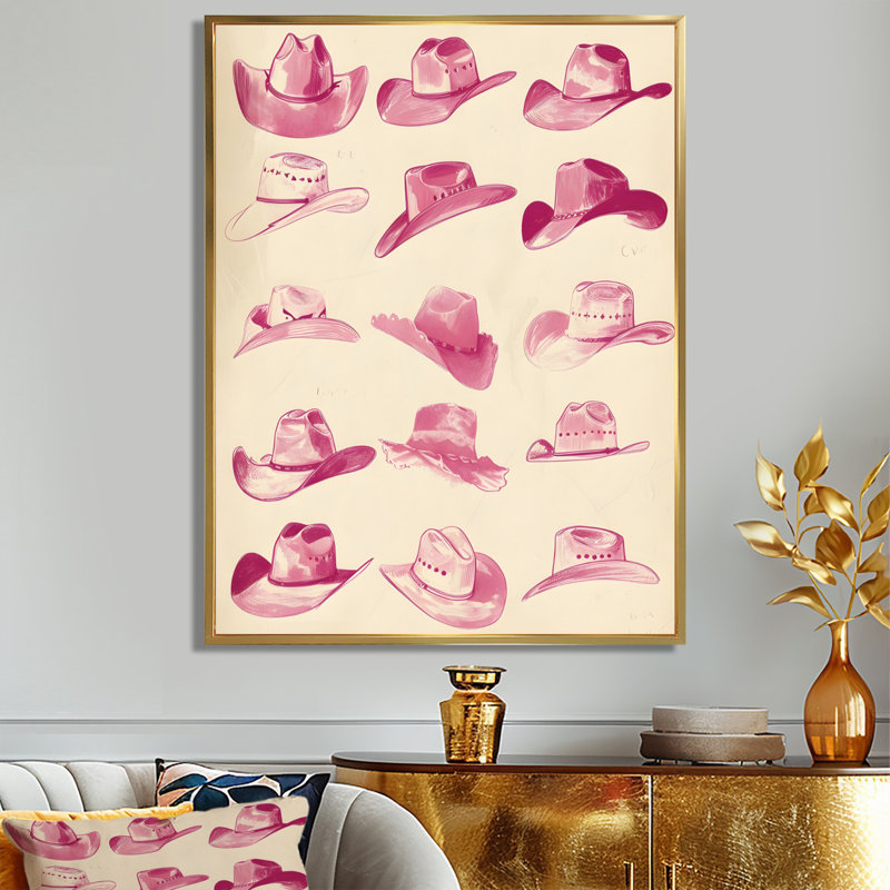 Décoration murale chapeaux de cowboys roses, Toile avec cadre flottant or, H 44 po x l 34 po x P 1,5 po
