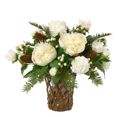 Pine, Peonies, and Dahlias in Woven Vase