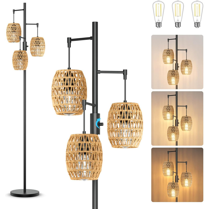 Boho Dimmable Floor Lamp, 70" Tall Lamp with 3 Rattan Shades and LED Bulbs