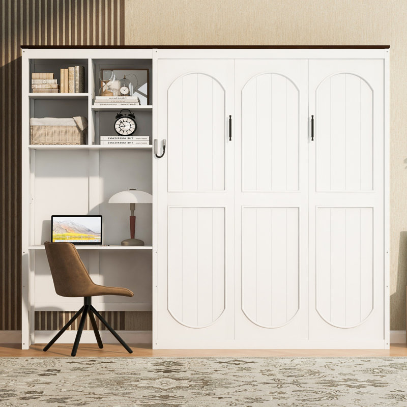 Grand lit escamotable avec bureau intégré et armoire de rangement multicouche, blanc