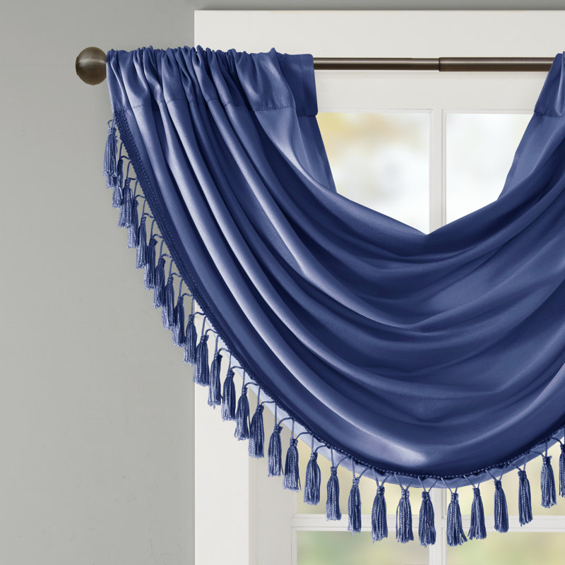Navy Faux Silk Waterfall Valance with Tassel Trim
