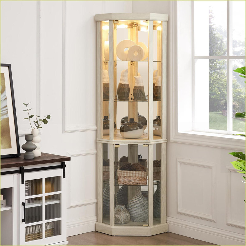 Cabinets, Lighted Corner Curio with Adjustable Shelves - Snow White MDF+Glass | Cottage Living Room Display, White