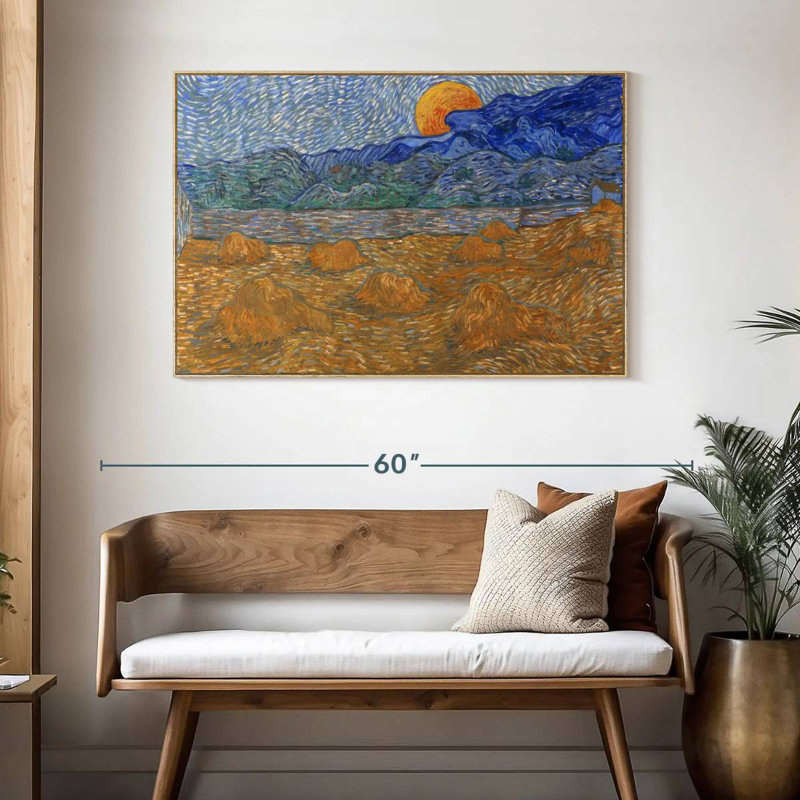 Gerbes de blé et lune montante, Cadre flottant en bois naturel, 46 po x 31 po
