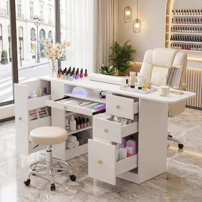 Table à ongles 47 po pour table de manucure blanche avec plateau pliable et plateau à outils