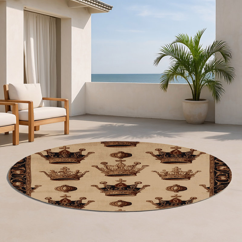 Tapis beige français d'intérieur et d'extérieur, Rond 5 pi