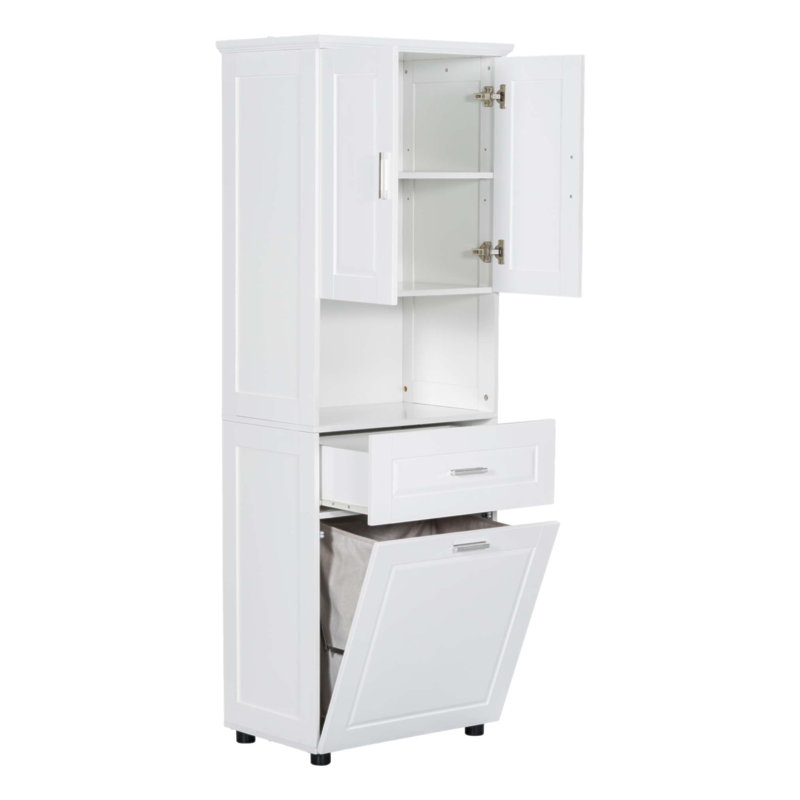 Grande armoire de salle de bain avec panier à linge, grand panier de rangement inclinable et armoire de rangement supérieure