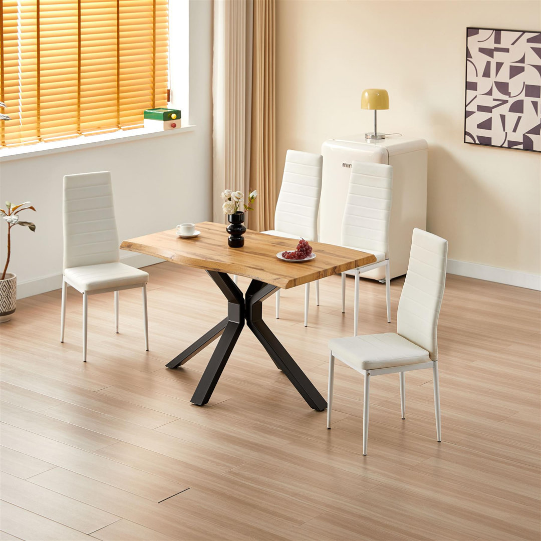B&Q - Modern Dining Table Set With 4 White Faux Leather Chairs Kitchen Dining Room Furniture - Image 5
