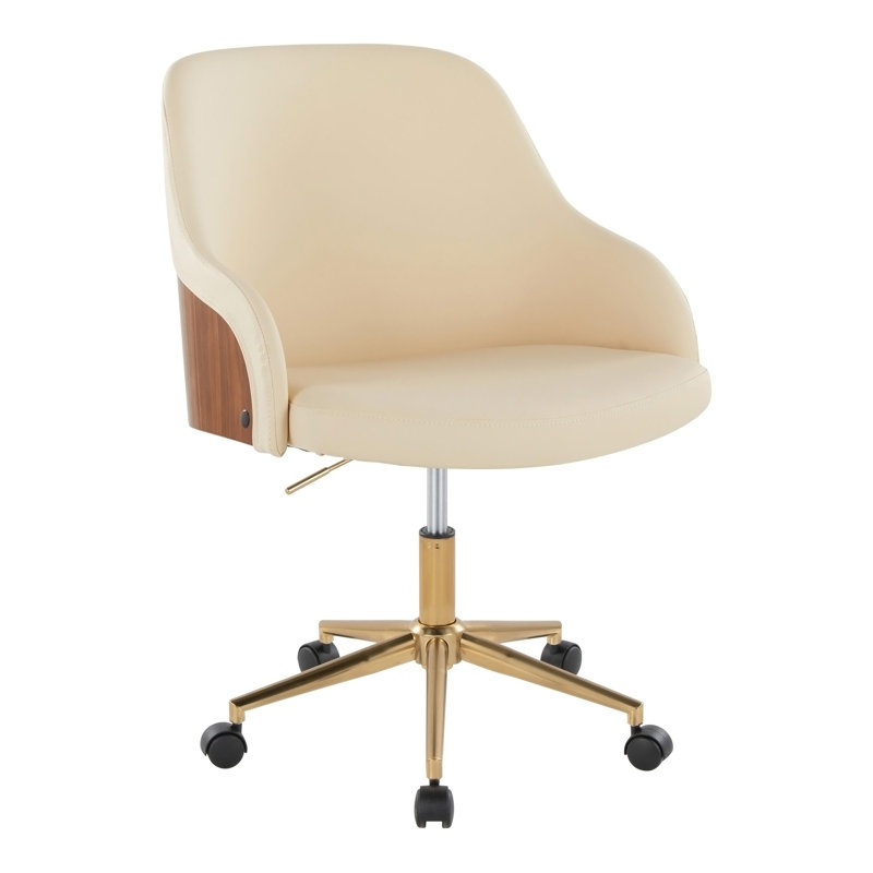 Chaise de bureau en métal doré, bois de noyer et similicuir crème, Cream,Walnut, Gold