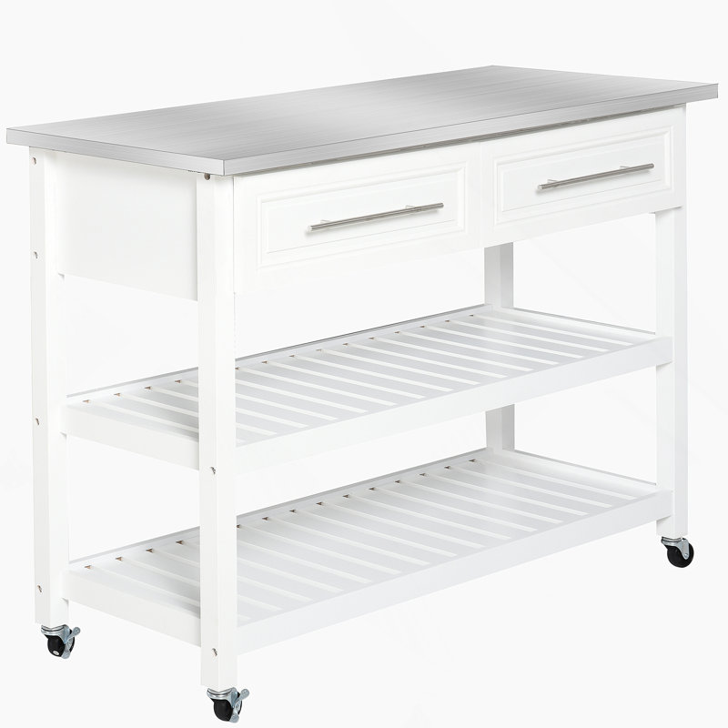 Kitchen Island With Stainless Steel Top, Open Shelves, Drawers, Gray