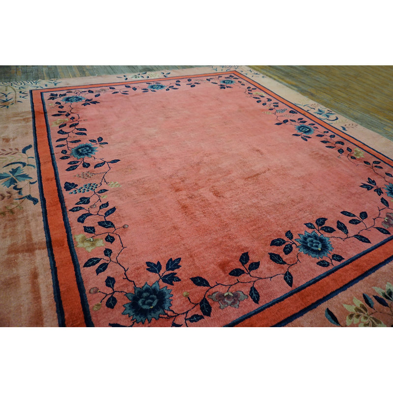 Coral / Salmon Pink 1920s Wool Antique Square Hand Knotted Pile Floral Rug
