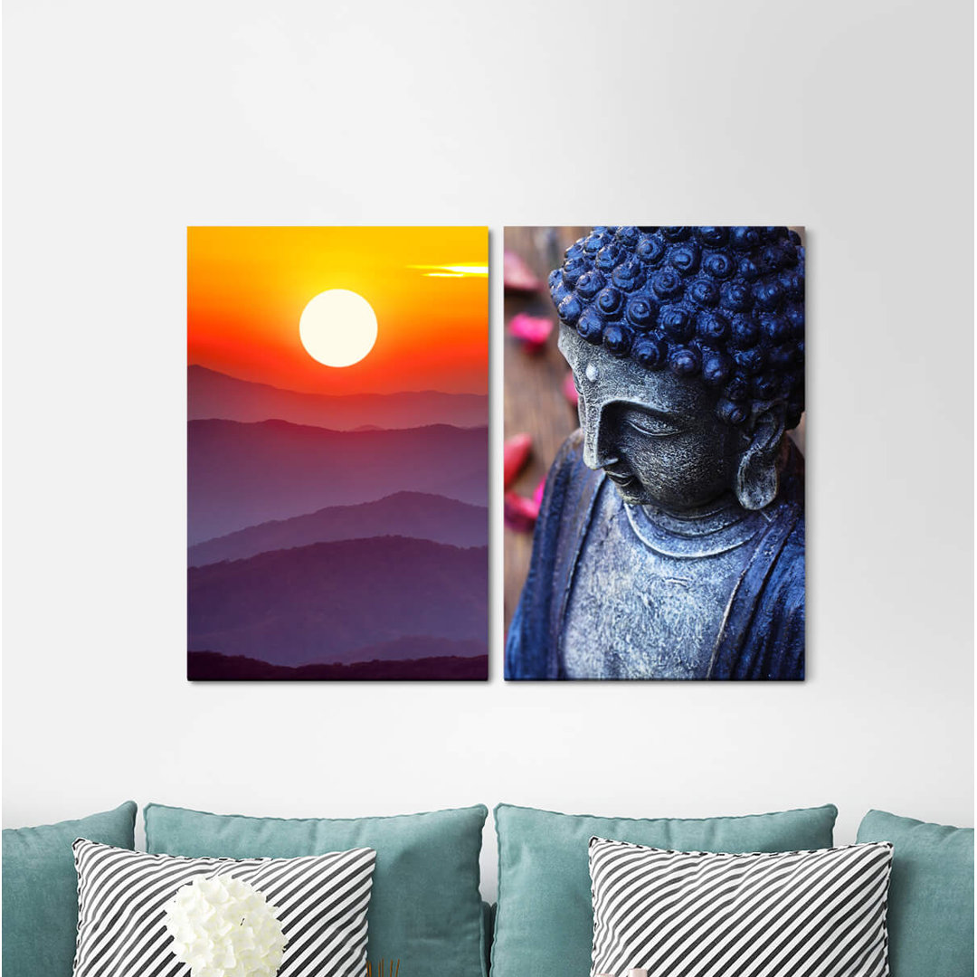 2-tlg. Leinwandbilder-Set - Fotografie „Mountains Buddha Head Buddhism Meditation Sun Dusk Twilight Buddha”