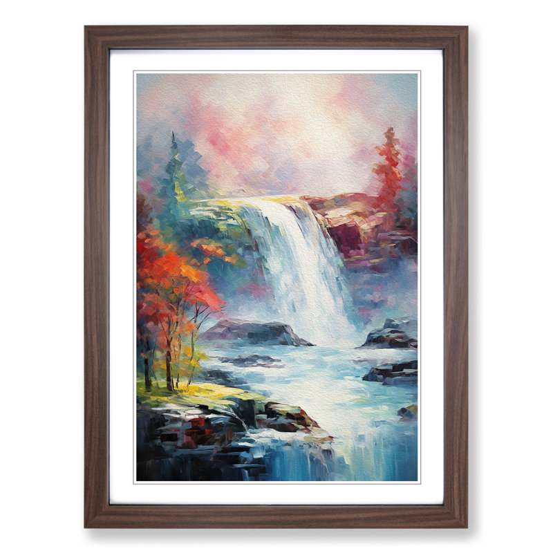Waterfall Impressionism Art - Framed Print, 46cm H x 34cm W, Walnut Framed