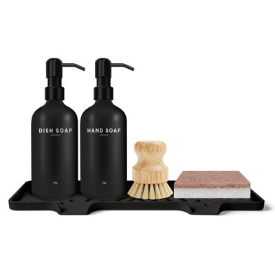 Kitchen Soap Dispenser Set: 17oz Glass Dish And Hand Soap Dispenser With Stainless Steel Pump, Instant Dry Tray, Dish Brush & Sponge, Refillable Countertop Sink Decor For Kitchen & Bath, White-Black