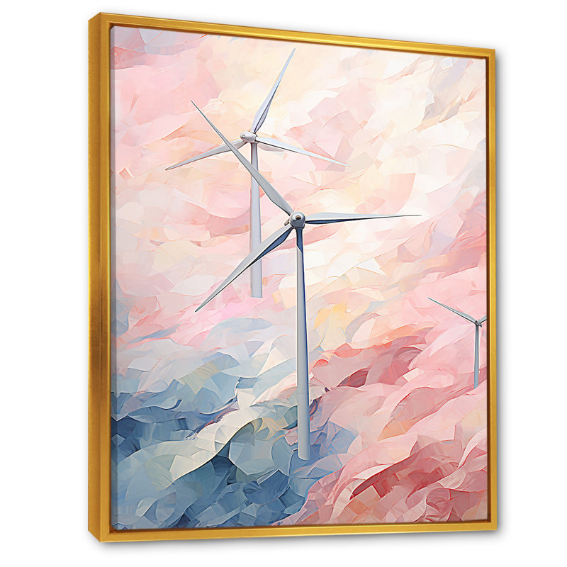 Minimalisme, éoliennes sur toile, Cadre flottant doré, H 44 po x l 34 po x P 1,5 po