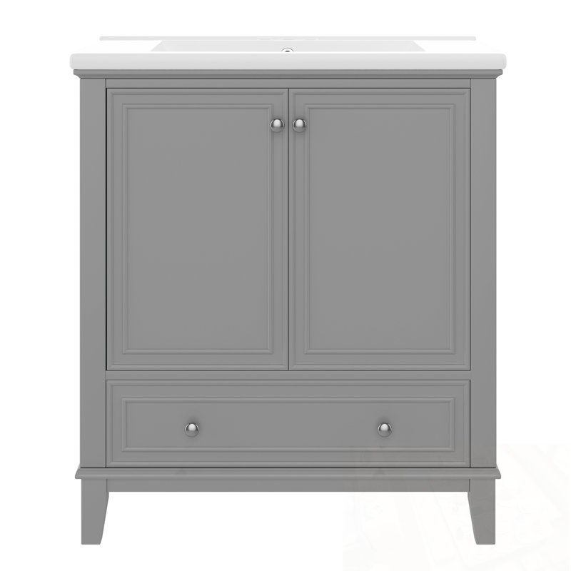 Meuble-lavabo de salle de bain avec lavabo, 1 tiroir et tablettes de porte, Gris