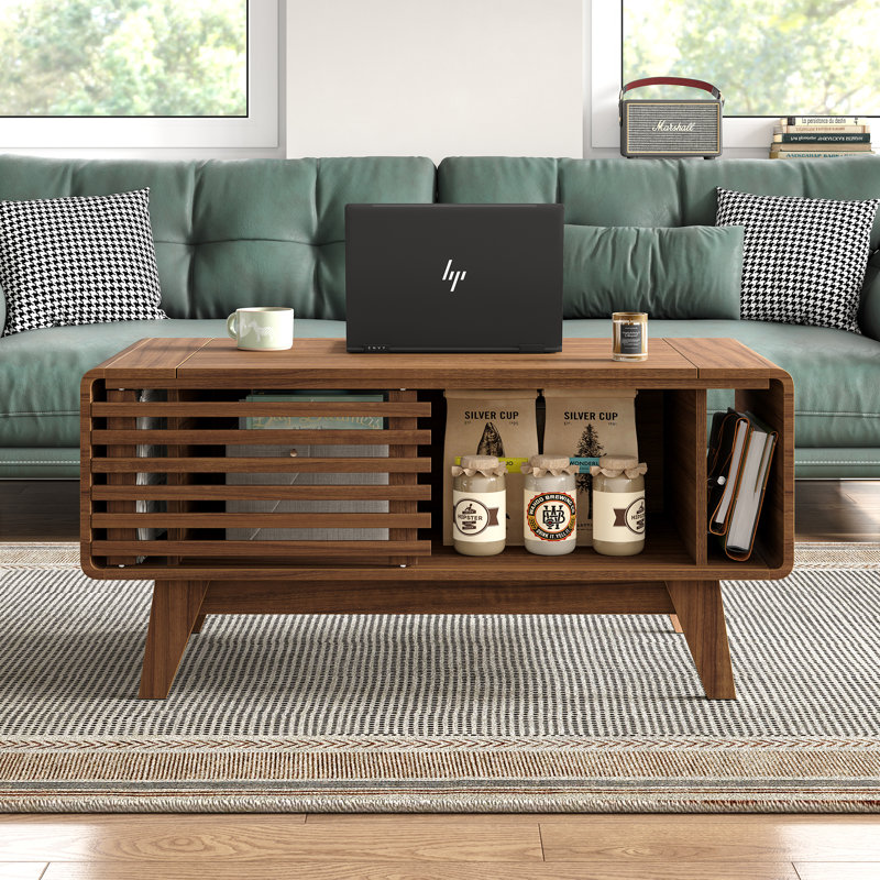 Denicka Mid-Century Modern Coffee Table with Storage,Lift Top Coffee Table with Slatted Sliding Door for Living Room,Walnut