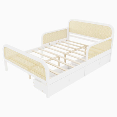 Full Size Platform Bed Frame with 2 Storage Drawers, Kids Rattan Bed with Headboard and Footboard